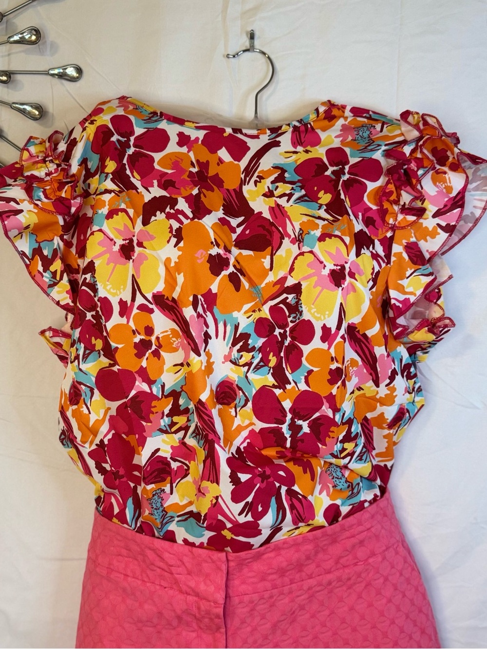 Bright Floral Ruffle Sleeve Women's Top in Pink, Orange & Yellow Size XL